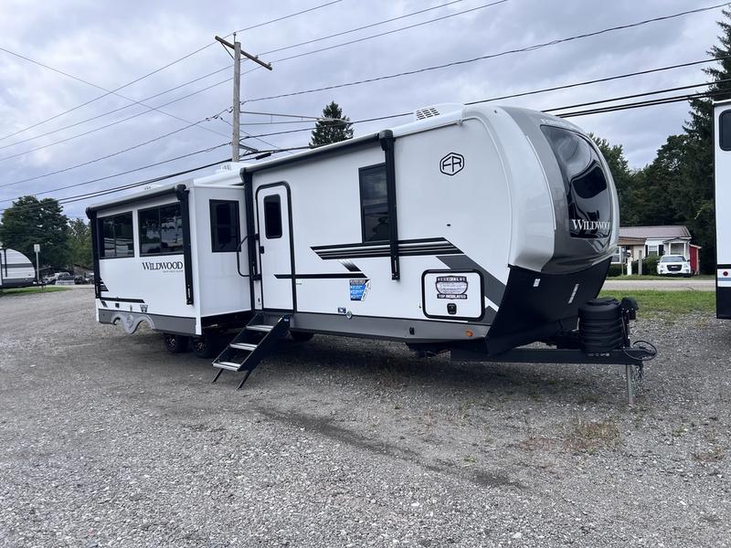 A Forest River fifth wheel on the lot at Lime Lake Marine & RV